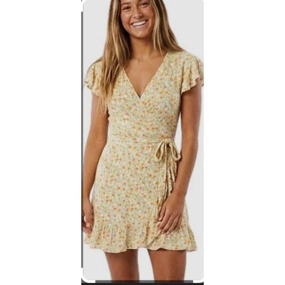 Billabong Floral Ruffle Wrap Mini Dress Orange Yellow White Boho Summer Small